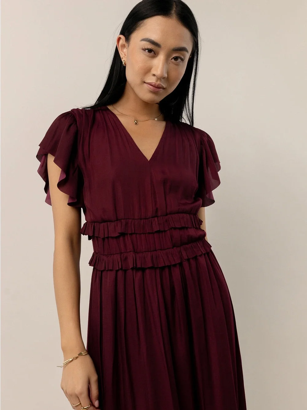 Bohme Maroon Ruffle Willa Midi Dress features a V-neckline and tiered skirt. L - Picture 3 of 12